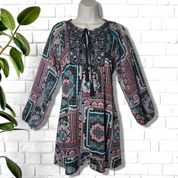 Bailey Blue Boho Patterned Tunic Dress with Tie Tassels - Picture 1 of 9